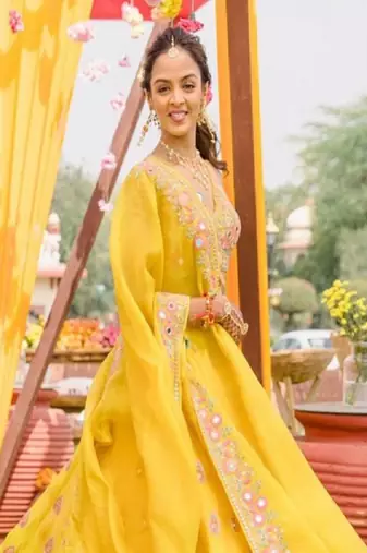 Yellow haldi mirror work lehenga set for women
