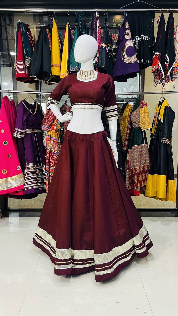 Traditional Roman Silk Maroon Gota Lace Lehenga Choli for Garba Nights