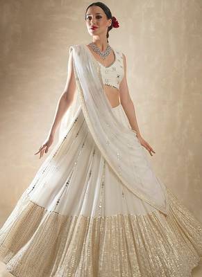 off white zari and sequins embroidered georgette lehenga choli 1