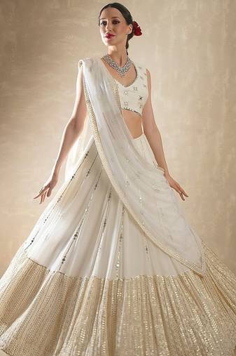 off white zari and sequins embroidered georgette lehenga choli
