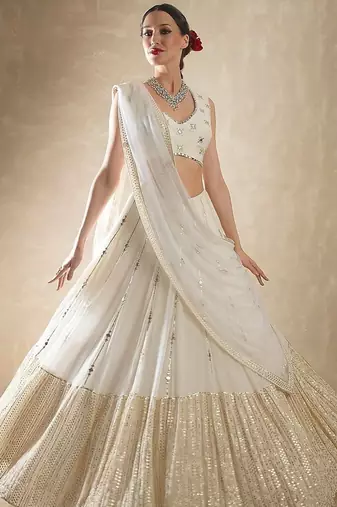 off white zari and sequins embroidered georgette lehenga choli