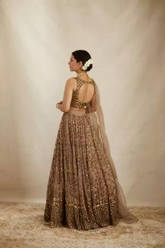 Brown sequin embroidered net lehenga choli