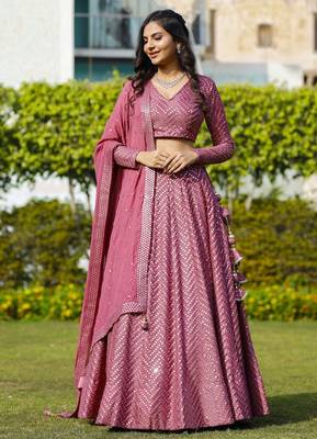 Pink Sequin Embroidered Faux Georgette Lehenga 1