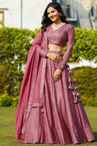 Pink Sequin Embroidered Faux Georgette Lehenga