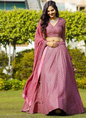 Pink Sequin Embroidered Faux Georgette Lehenga 3