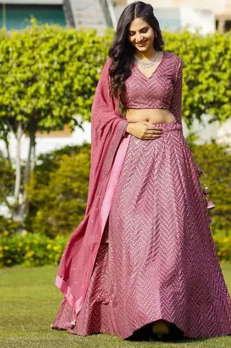 Pink Sequin Embroidered Faux Georgette Lehenga
