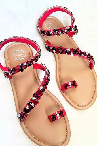 Red woven leather flats