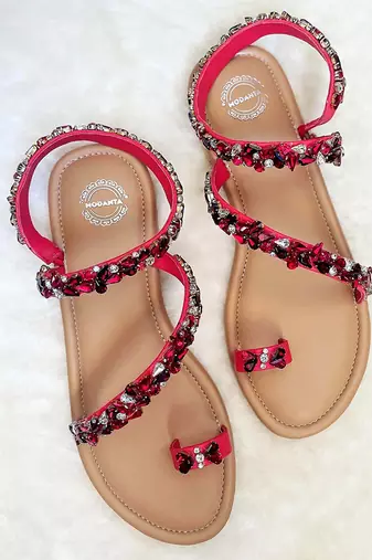 Red woven leather flats