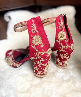 Red woven textile heels 1