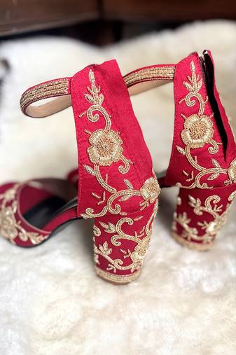 Red woven textile heels