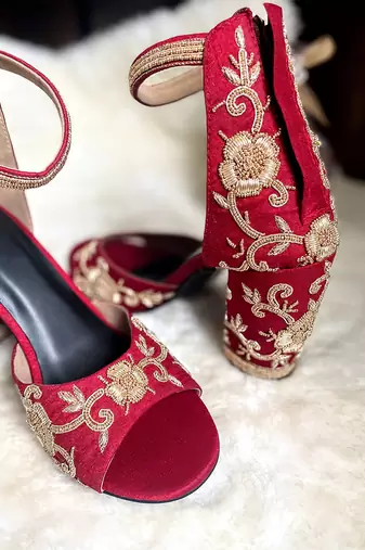 Red woven textile heels