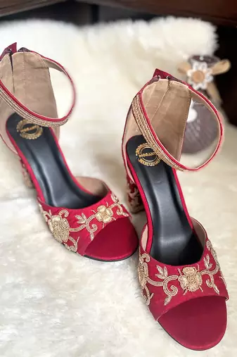 Red woven textile heels