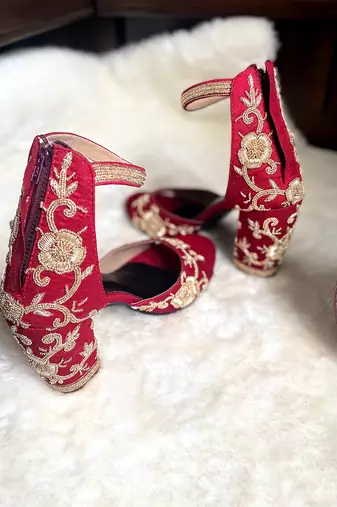 Red woven textile heels