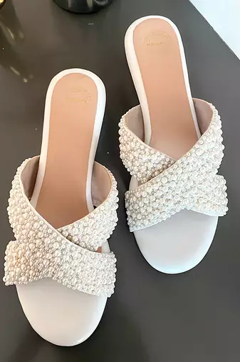 White woven leather wedges