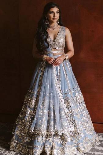 grey zari with paper mirror embroidered net lehenga choli