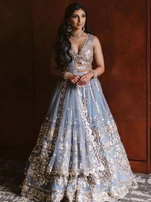 grey zari with paper mirror embroidered net lehenga choli 1