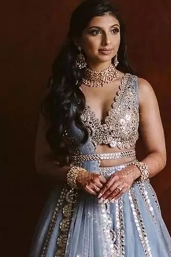 grey zari with paper mirror embroidered net lehenga choli
