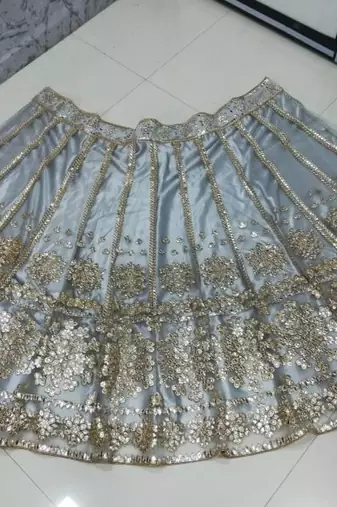 grey zari with paper mirror embroidered net lehenga choli