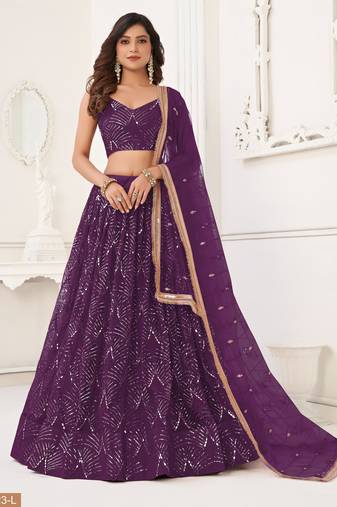 Women's Purple Net With sequins and thread embroidery Work Traditional Wedding Lehenga Choli