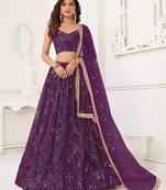Women's Purple Net With sequins and thread embroidery Work Traditional Wedding Lehenga Choli
