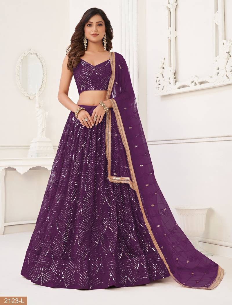 Women's Purple Net With sequins and thread embroidery Work Traditional Wedding Lehenga Choli