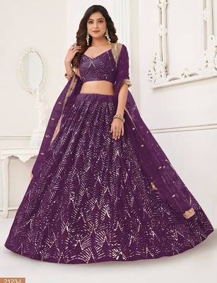 Women's Purple Net With sequins and thread embroidery Work Traditional Wedding Lehenga Choli 2