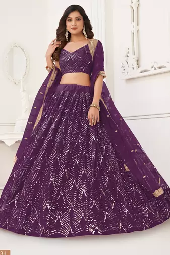 Women's Purple Net With sequins and thread embroidery Work Traditional Wedding Lehenga Choli