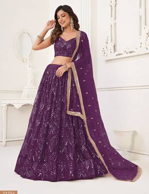 Women's Purple Net With sequins and thread embroidery Work Traditional Wedding Lehenga Choli 3