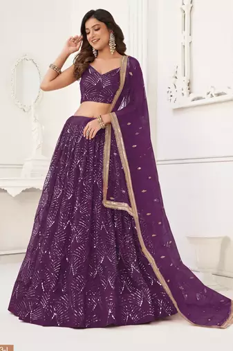 Women's Purple Net With sequins and thread embroidery Work Traditional Wedding Lehenga Choli