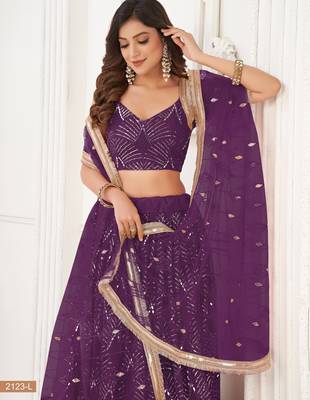 Women's Purple Net With sequins and thread embroidery Work Traditional Wedding Lehenga Choli 4