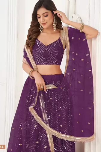 Women's Purple Net With sequins and thread embroidery Work Traditional Wedding Lehenga Choli