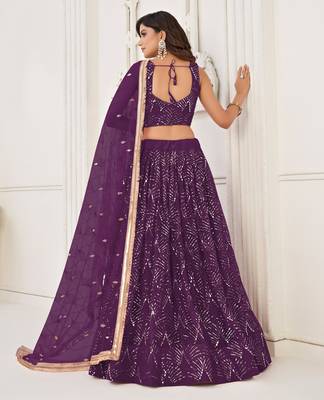 Women's Purple Net With sequins and thread embroidery Work Traditional Wedding Lehenga Choli 5