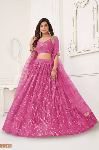 Salmon Pink Net With sequins and thread embroidered  Lehenga Choli