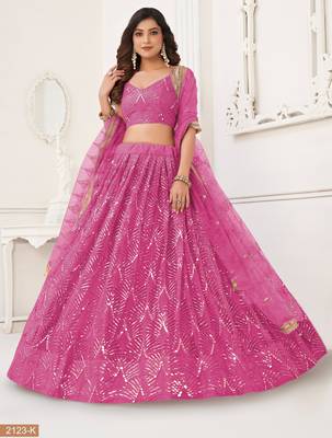 Salmon Pink Net With sequins and thread embroidered  Lehenga Choli 1