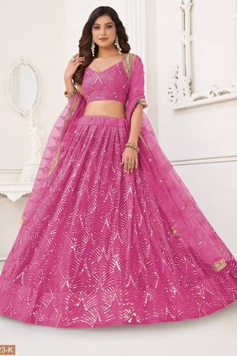Salmon Pink Net With sequins and thread embroidered  Lehenga Choli