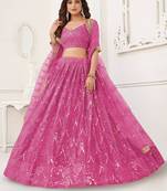Salmon Pink Net With sequins and thread embroidered  Lehenga Choli