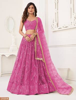 Salmon Pink Net With sequins and thread embroidered  Lehenga Choli 2