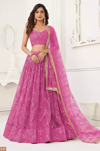 Salmon Pink Net With sequins and thread embroidered  Lehenga Choli