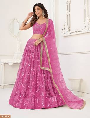 Salmon Pink Net With sequins and thread embroidered  Lehenga Choli 3