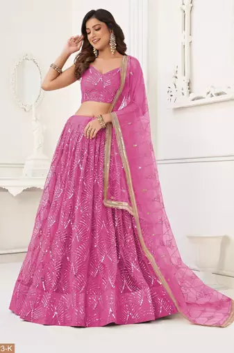 Salmon Pink Net With sequins and thread embroidered  Lehenga Choli