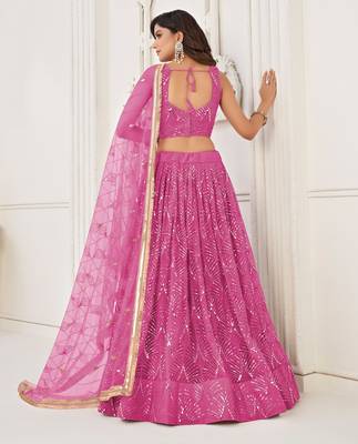 Salmon Pink Net With sequins and thread embroidered  Lehenga Choli 4