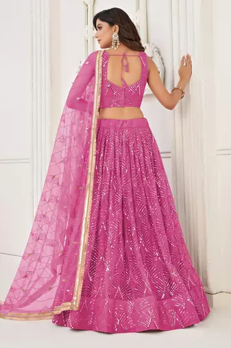 Salmon Pink Net With sequins and thread embroidered  Lehenga Choli