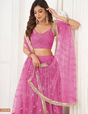 Salmon Pink Net With sequins and thread embroidered  Lehenga Choli 5