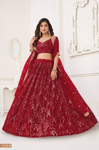 Red With sequins and thread embroidered Lehenga Choli