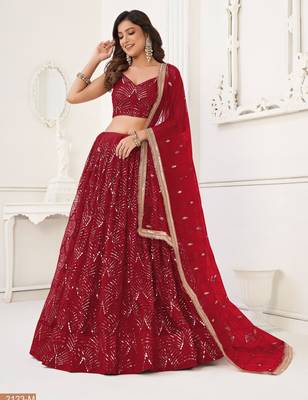 Red With sequins and thread embroidered Lehenga Choli 3