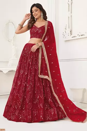 Red With sequins and thread embroidered Lehenga Choli