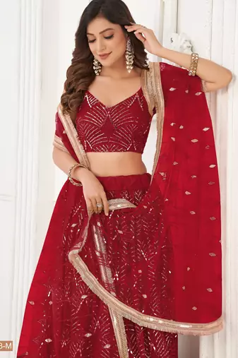 Red With sequins and thread embroidered Lehenga Choli