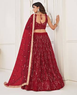 Red With sequins and thread embroidered Lehenga Choli 5