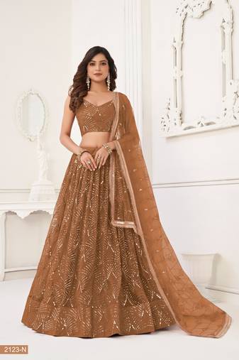 Dark Brown Net With sequins and thread embroidered  Lehenga Choli