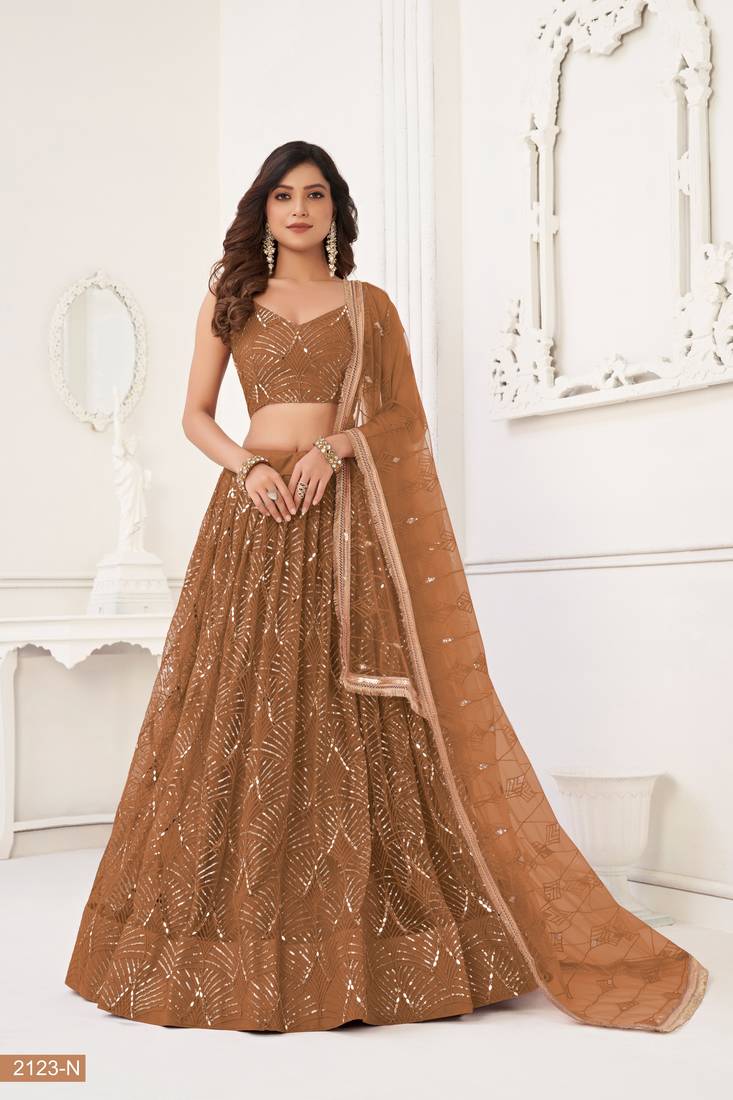 Dark Brown Net With sequins and thread embroidered  Lehenga Choli